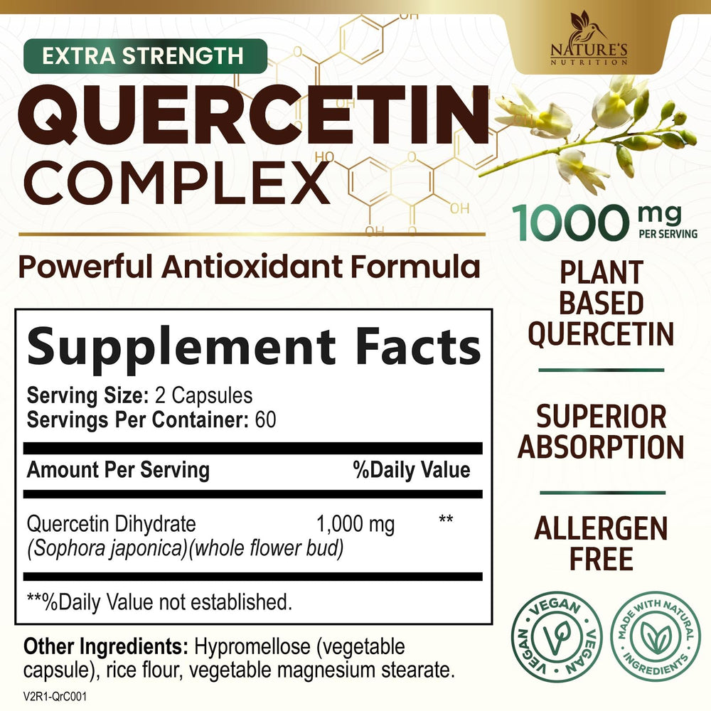 Quercetin 1000mg bottle label highlighting vegan non-GMO formula