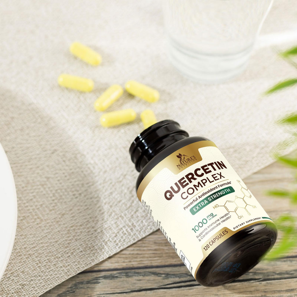 Lifestyle image of a healthy adult taking quercetin supplement for daily wellness