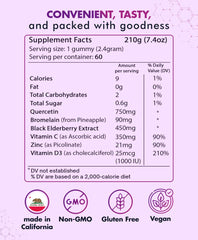 Quercetin Gummies ingredients: Quercetin, Bromelain, Vitamin C, Zinc, Elderberry and Vitamin D3