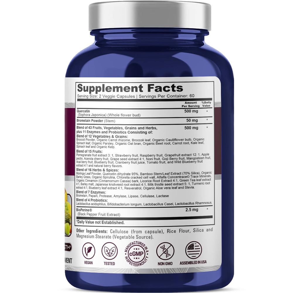 Blend of quercetin with fruits, vegetables, herbs, enzymes, and probiotics
