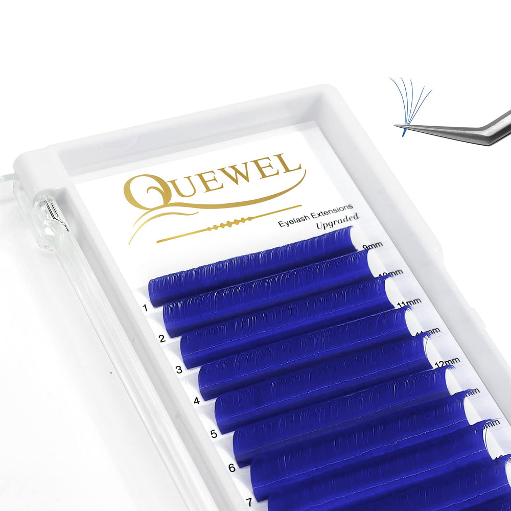 QUEWEL Easy Fan Blue lashes 9mm tray showing compact 0.07 D curl for natural lift