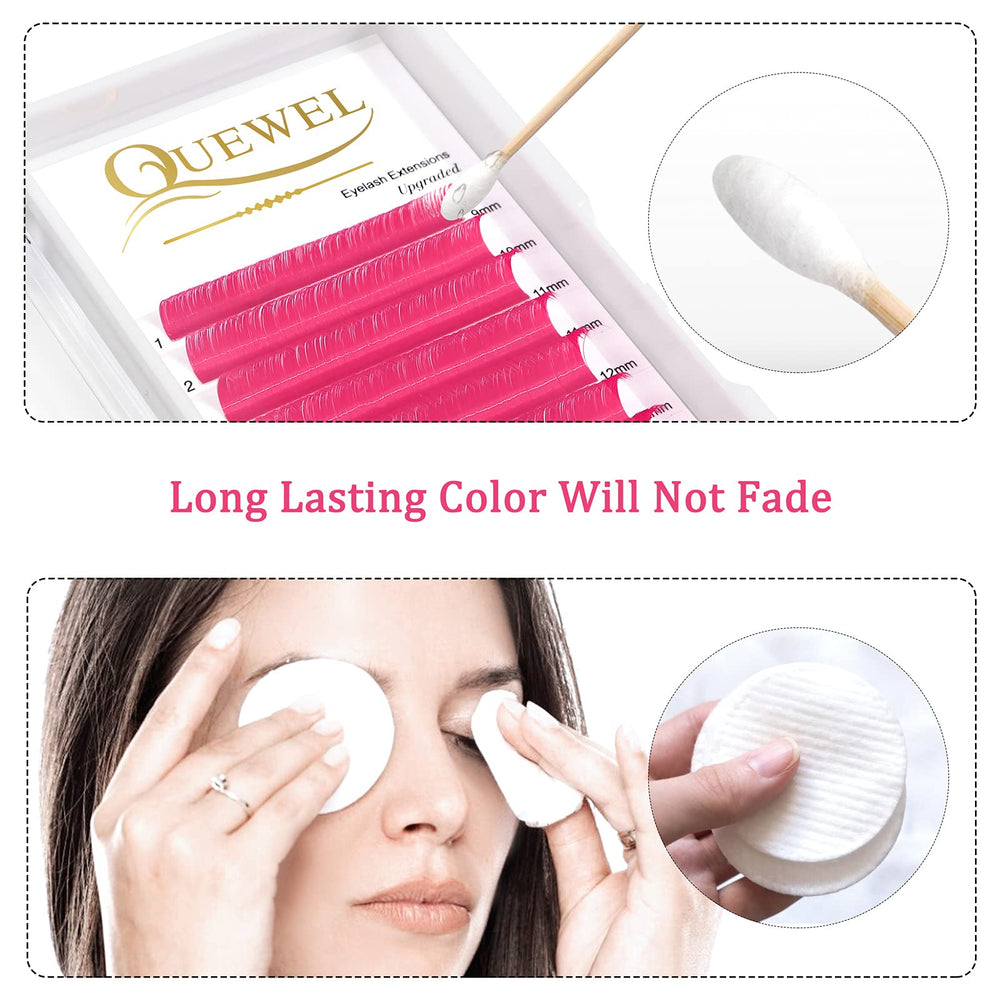 QUEWEL self-fanning lashes show easy 2D–10D fan formation in pink