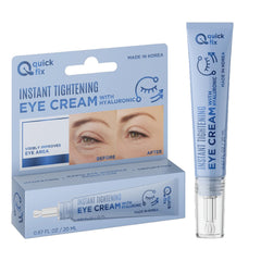Quick Fix eye tightener bottle closeup shows compact packaging and fast absorption.