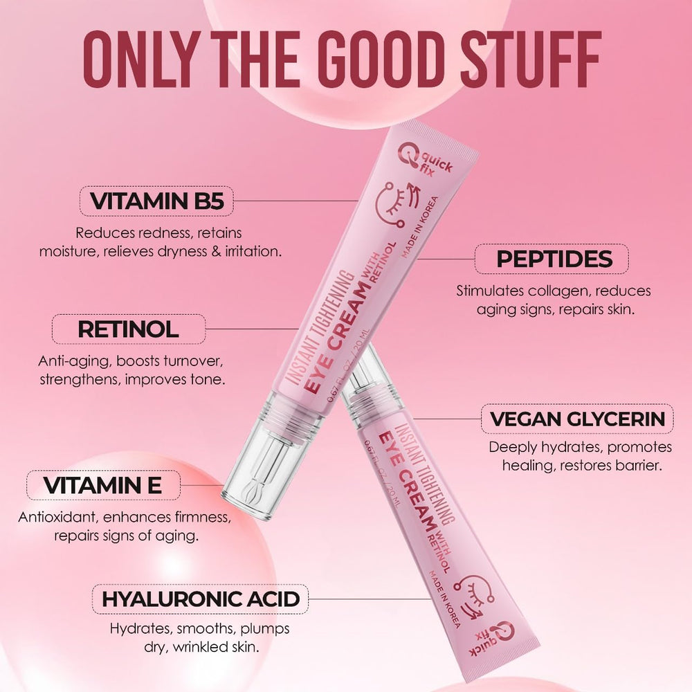 Ingredients glow with hyaluronic acid in Quick Fix retinol eye tightener cream.