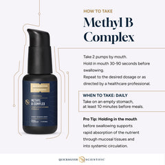 Usage shot of the Methyl B Complex liquid bottle