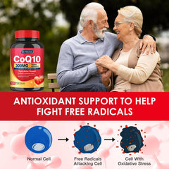 Quinovit CoQ10 120-capsule bottle with heart and energy health concept