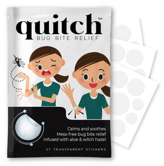 quitch bug bite patch packaging highlights natural ingredients and kid-friendly design