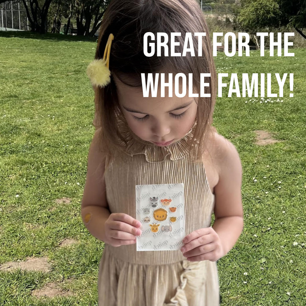 Quitch kid-friendly patch shown on toddler skin for gentle, non-medicated bite relief