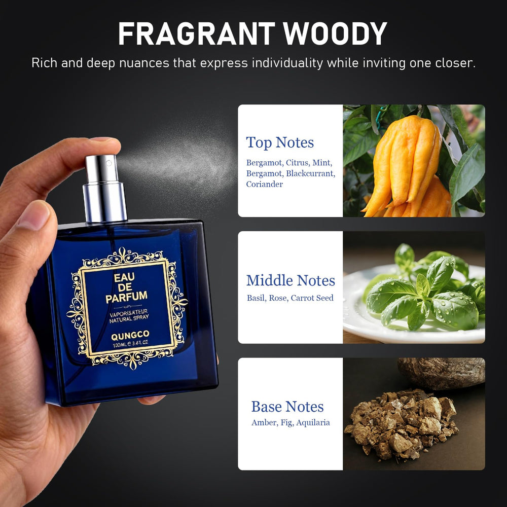 QUNGCO blue bottle on shelf conveys modern masculine style.