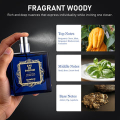 QUNGCO blue bottle on shelf conveys modern masculine style.