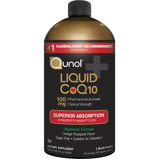Front view of Qunol Liquid CoQ10 orange pineapple flavor bottle, 100 mg per 10 mL, 60 servings