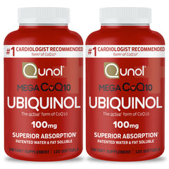 Qunol Mega Ubiquinol CoQ10 100mg softgels with 240-count packaging in a 2-pack