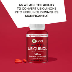Qunol Mega Ubiquinol capsules close-up with easy-to-swallow softgels.