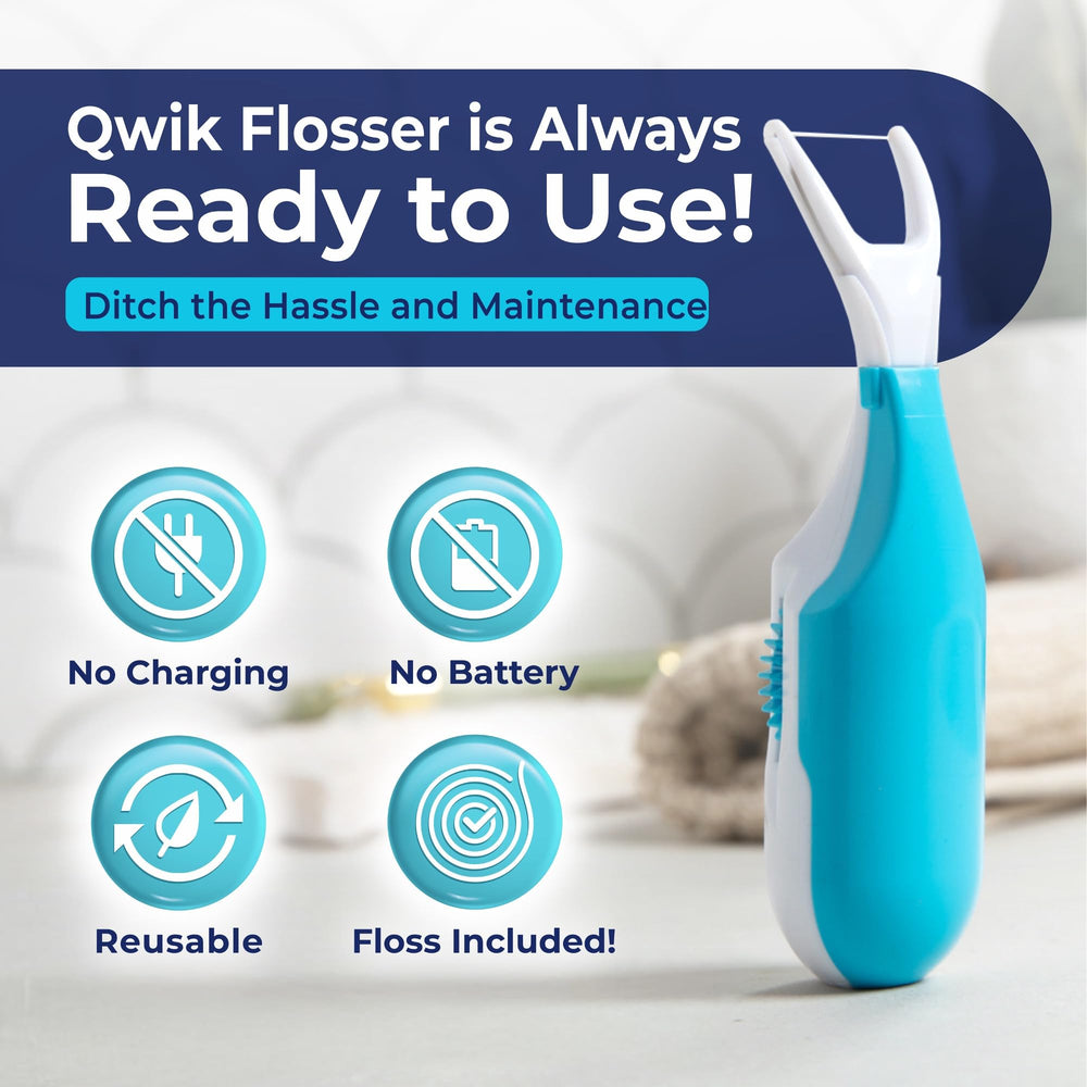 Side view highlighting ergonomic handle of QWIK flosser in blue
