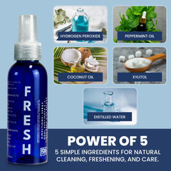 Close-up of ingredients featuring hydrogen peroxide and peppermint oil