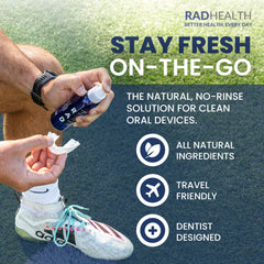 Mouth guard being cleaned with no-rinse formula