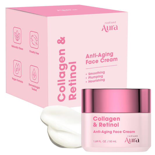 Radiant Aura collagen-retinol face cream bottle showing daily hydration and anti-aging care.