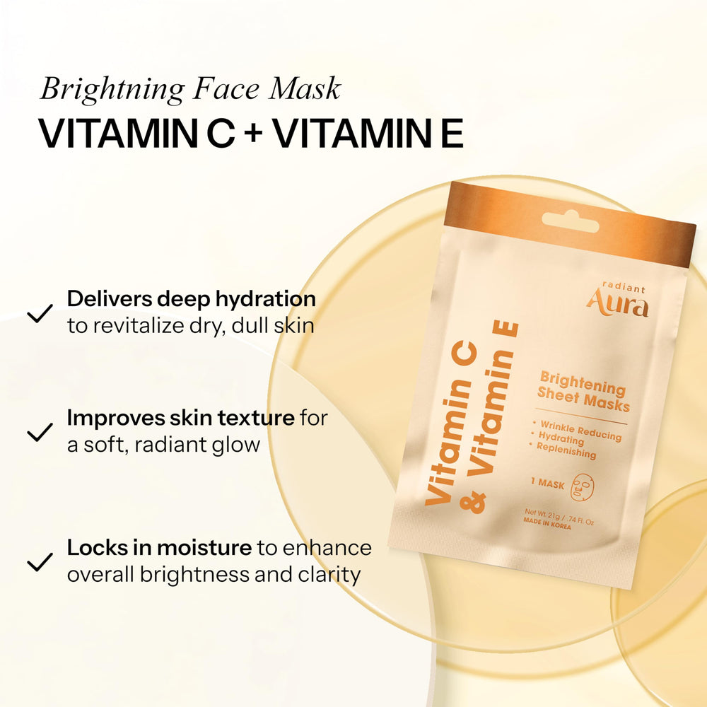 Radiant Aura essence droplets highlight silky hydration in the sheet mask.