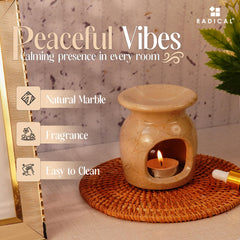 Radicaln Marble Oil Burner lit diffuser demonstrates warm glow during candle-free aromatherapy sessions.