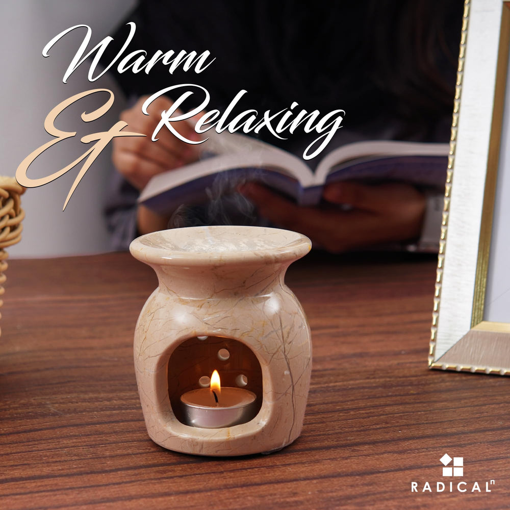Radicaln Marble Oil Burner wax melts setup shows versatile use as fragrance centerpiece.