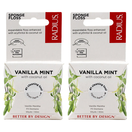 Radius Sponge Dental Floss Vanilla Mint 55 Yards 2-Pack packaging and floss