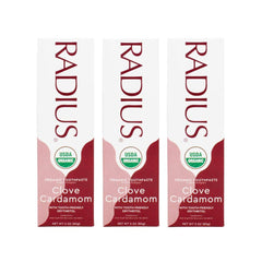 Front view of RADIUS Clove Cardamom toothpaste tube, 3 oz