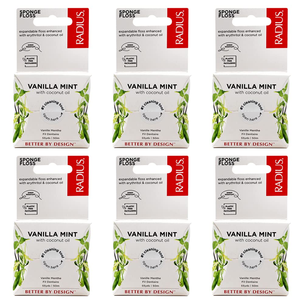 RADIUS Vanilla Mint Dental Floss 55 Yards 6-Pack - front view on the box