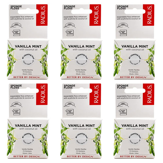 RADIUS Vanilla Mint Dental Floss 55 Yards 6-Pack - front view on the box