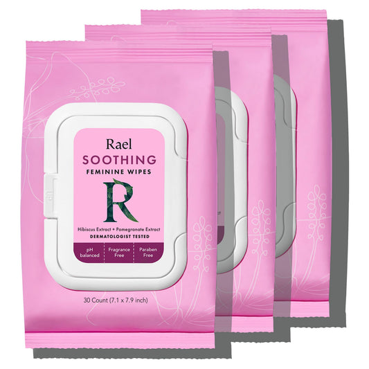 Rael feminine wipes pack of 3 viewed front, ready for daily cleansing and travel.