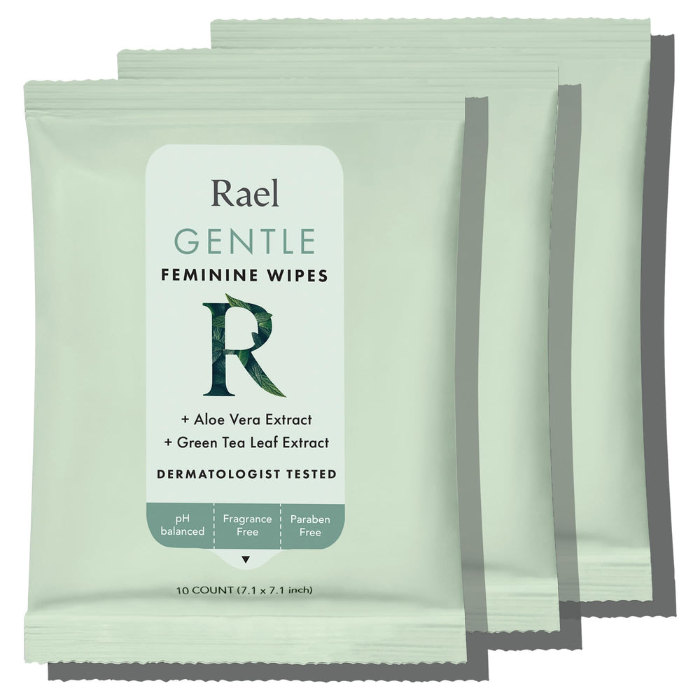 Rael feminine wipes travel-pack outside for on-the-go freshness and daily use.