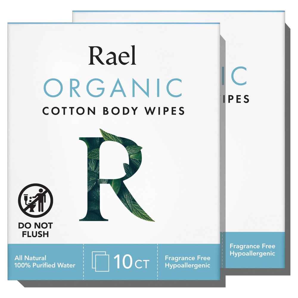 Rael Organic Cotton Wipes outer packaging in a two-pack box for easy storage and travel.