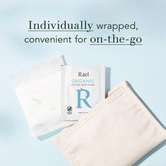 Rael Organic Cotton Wipes on-the-go use for quick refresh during travel.