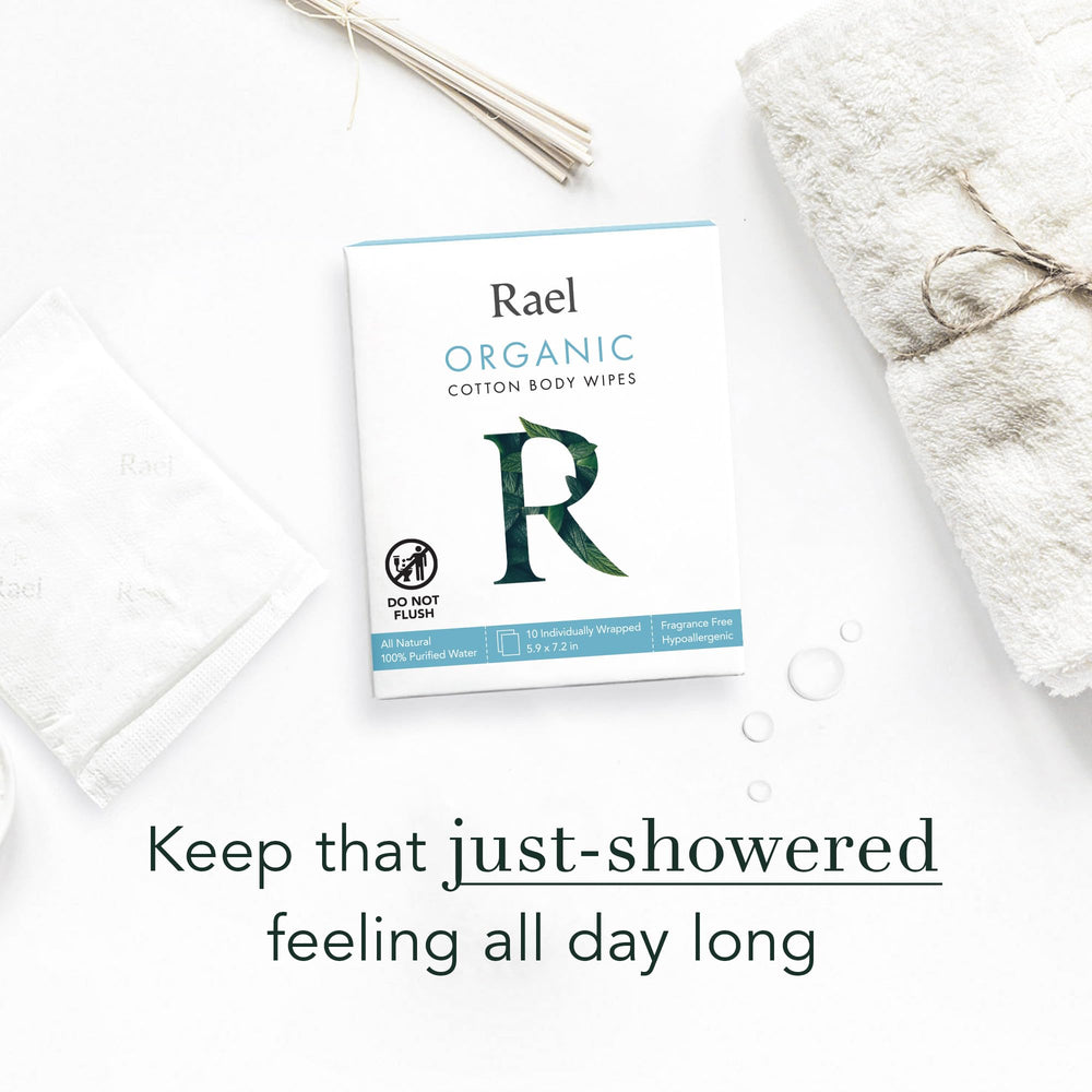 Rael Organic Cotton Wipes suitable for all skin types for gentle cleansing on skin.