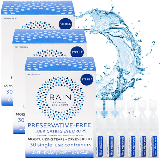 Rain eye drops bottle with dropper for gentle application and relief.