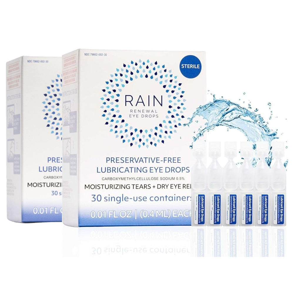 Rain preservative-free eye drops bottle shows gentle hydration for sensitive eyes.
