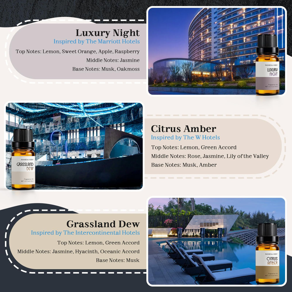 Rainbow Abby Hotel Collection packaging with amber diffuser oil bottles