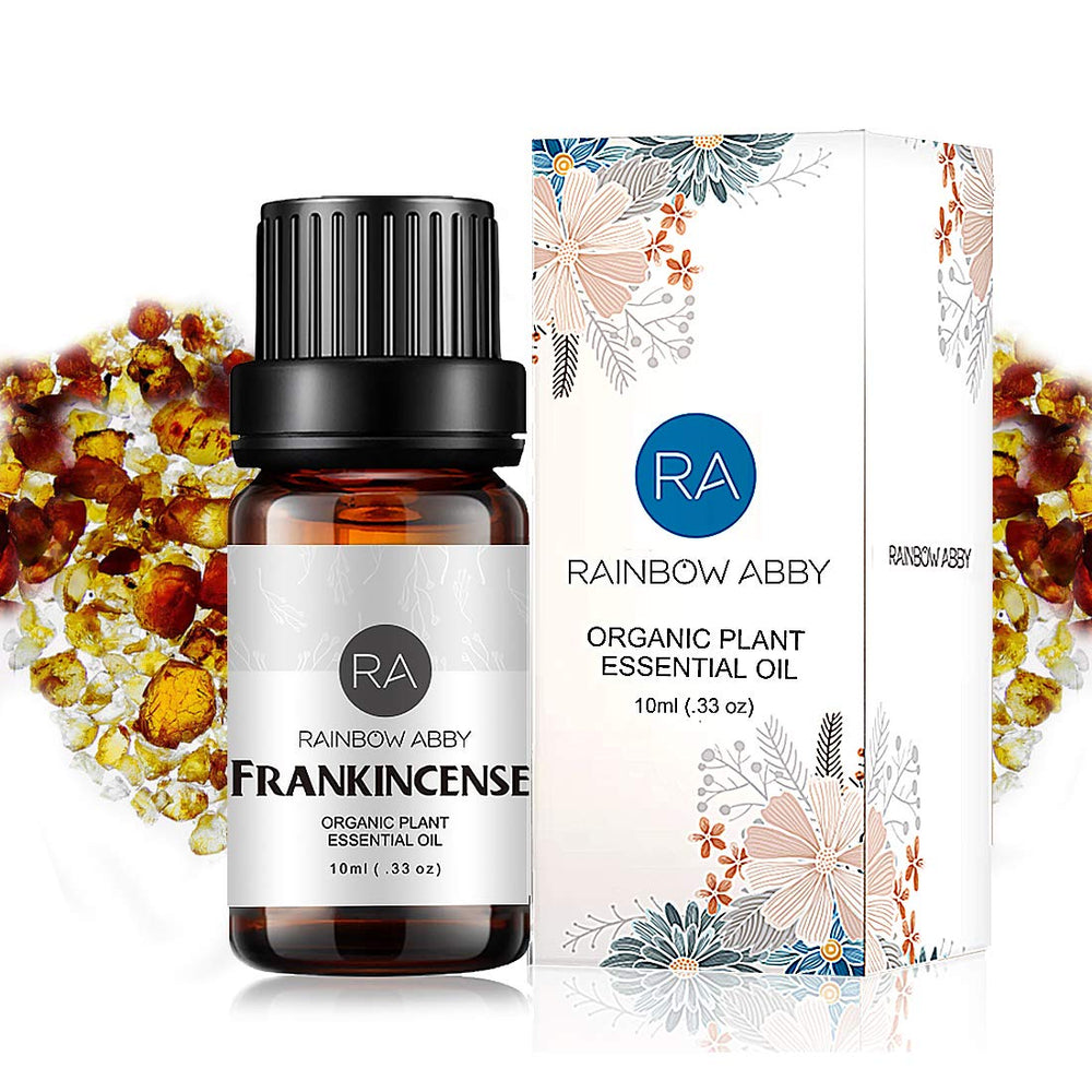 Rainbow Abby frankincense oil in amber bottle for pure aromatherapy.