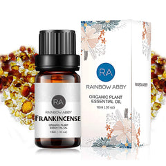 Rainbow Abby frankincense oil in amber bottle for pure aromatherapy.
