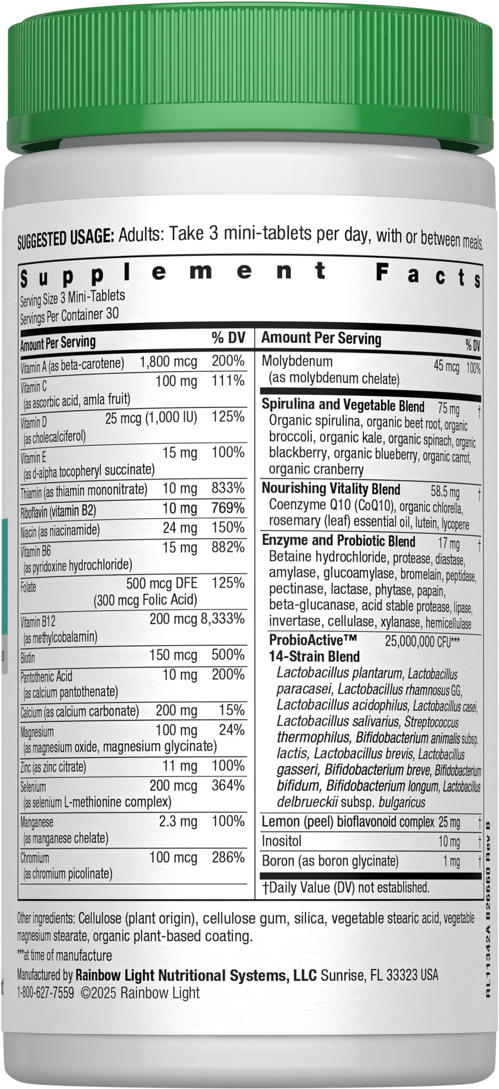 Serving suggestion showing three mini-tablets for Rainbow Light 50+ Multivitamin