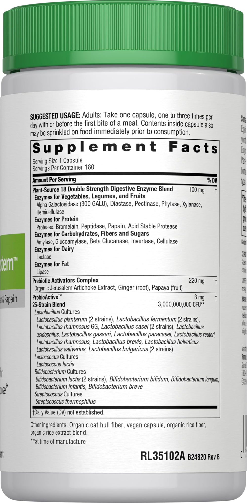 Open bottle with capsules showing vegan digestive enzyme supplement