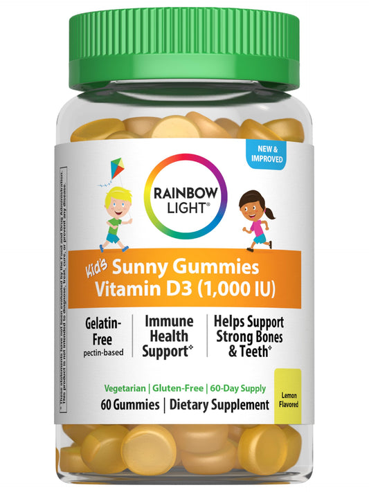 Front label of Rainbow Light Kids Sunny Gummies Vitamin D3 1000 IU bottle