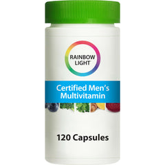 Rainbow Light Men's Multivitamin bottle label showing immune support and heart health