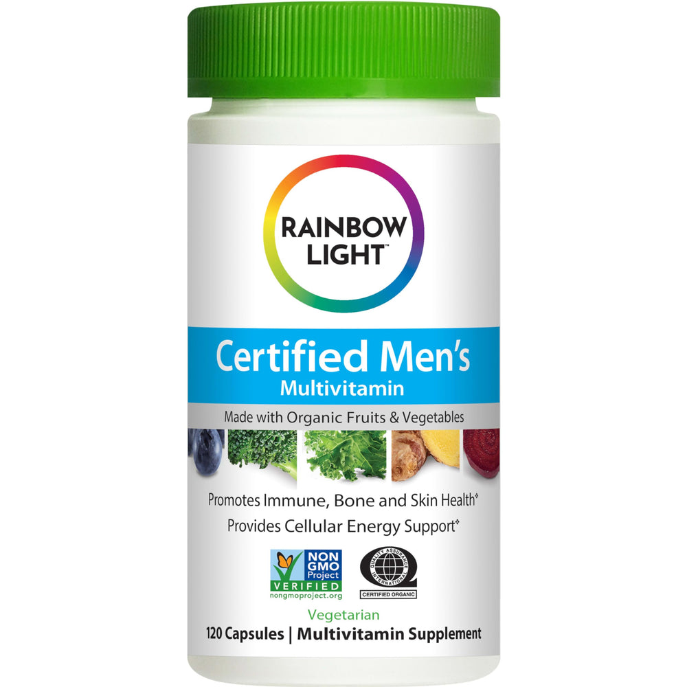Close-up of Rainbow Light Men's Multivitamin bottle with 120 tablets
