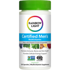 Close-up of Rainbow Light Men's Multivitamin bottle with 120 tablets