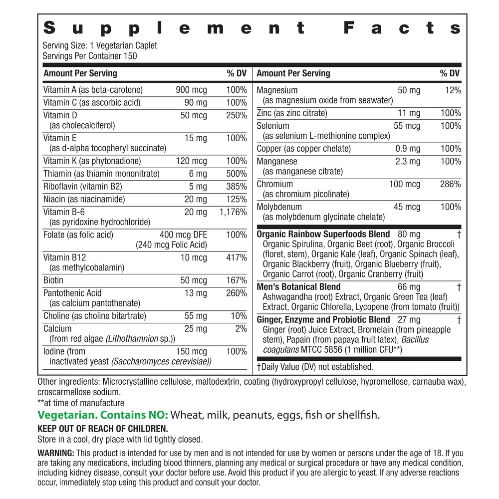 Close-up view of Rainbow Light Men's One High Potency Daily Multivitamin label