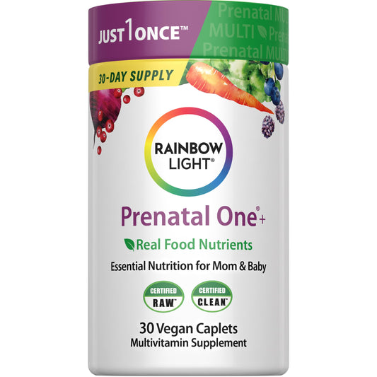 Front view of Rainbow Light Prenatal Multivitamin One+ for Women bottle with 30 caplets