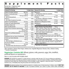Bottle back highlights organic superfoods and probiotics for digestion support