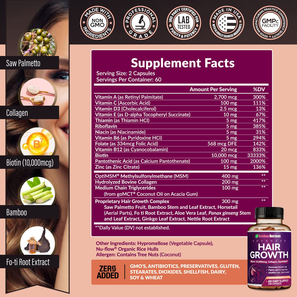 Rainbow Nutrients Hair Growth label close-up highlighting ingredients