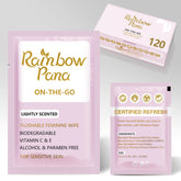 RainbowPana Feminine Wipes packaging shows travel-ready design for on-the-go cleansing.