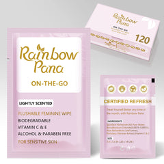 RainbowPana Feminine Wipes packaging shows travel-ready design for on-the-go cleansing.